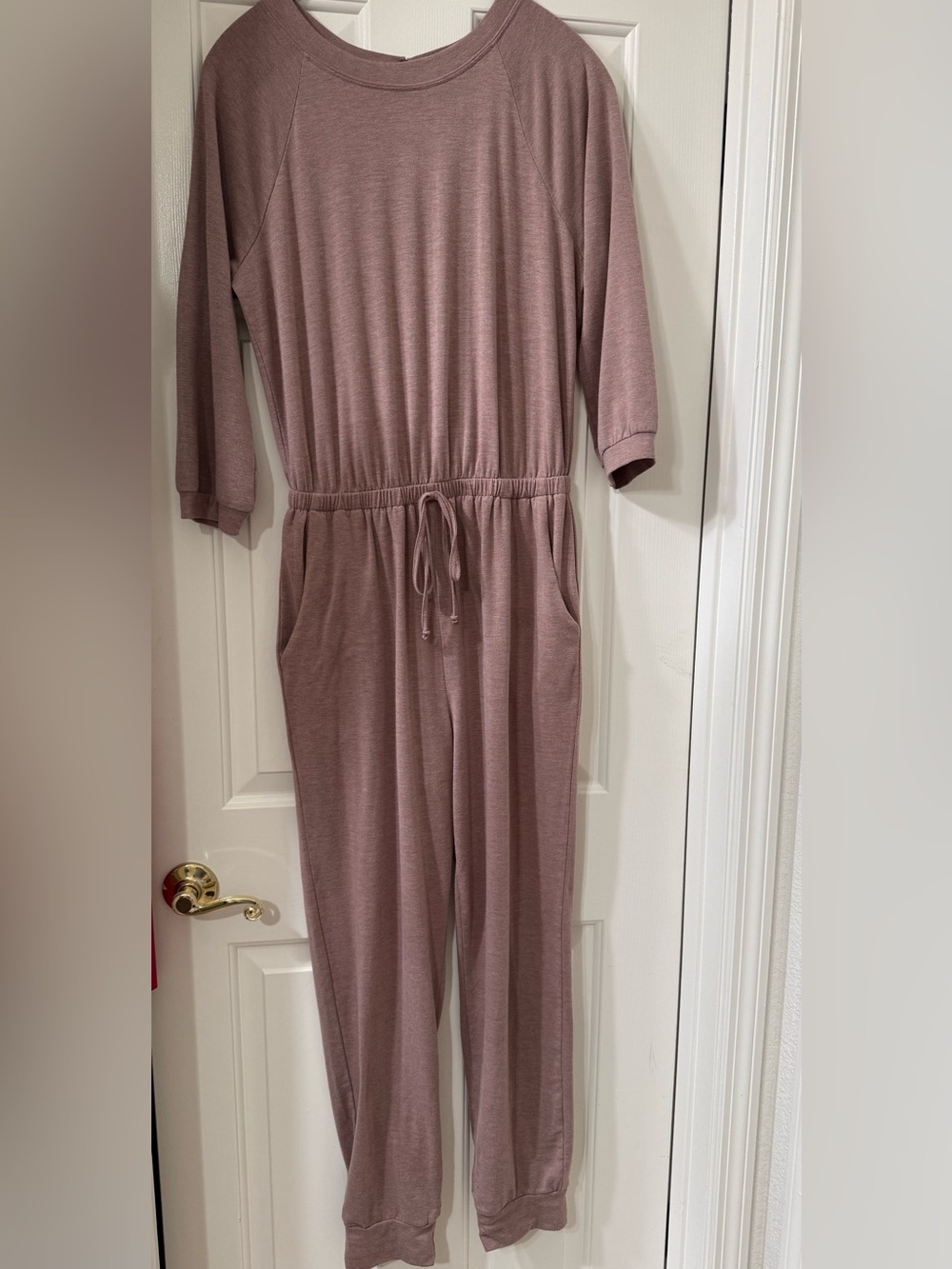 Bebop Dusty Mauve Long Sleeve Jogger Jumpsuit with Drawstring Waist - Large